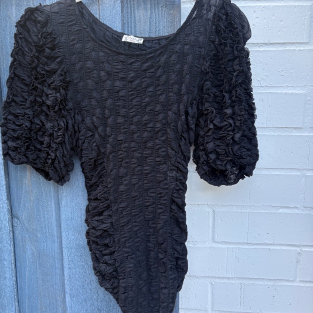 FREE PEOPLE INTIMATELY SHEER BLACK SHORT SLEEVE BODYSUIT- SMALL